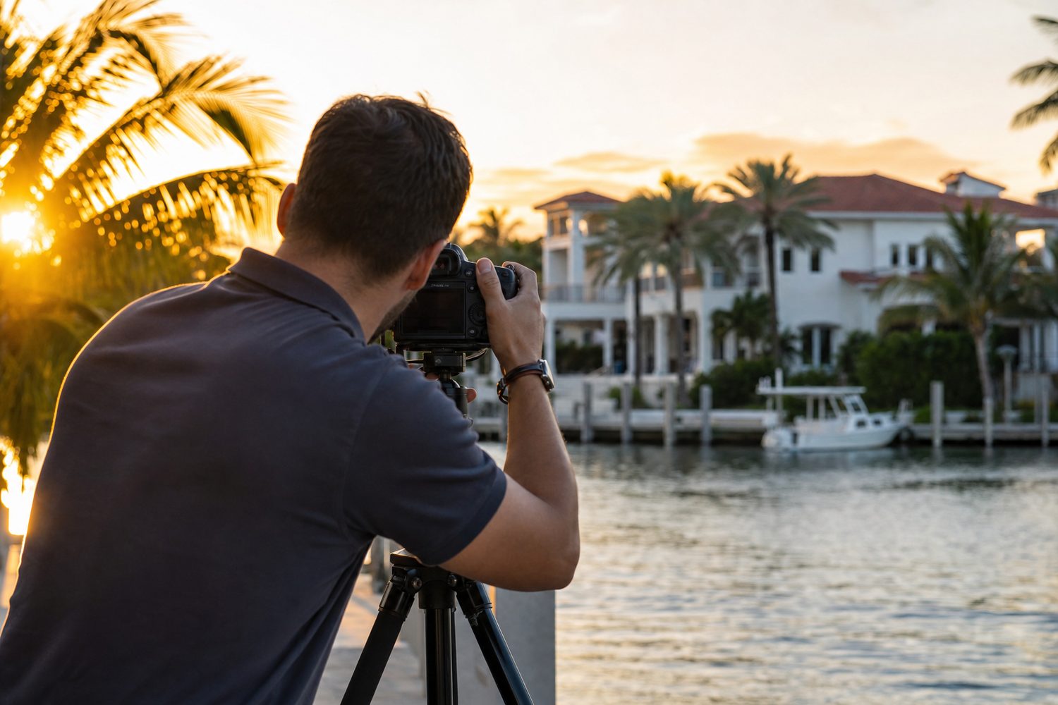 Real estate photographer setting up a camera on a tripod facing a waterfront Florida home at golden hour