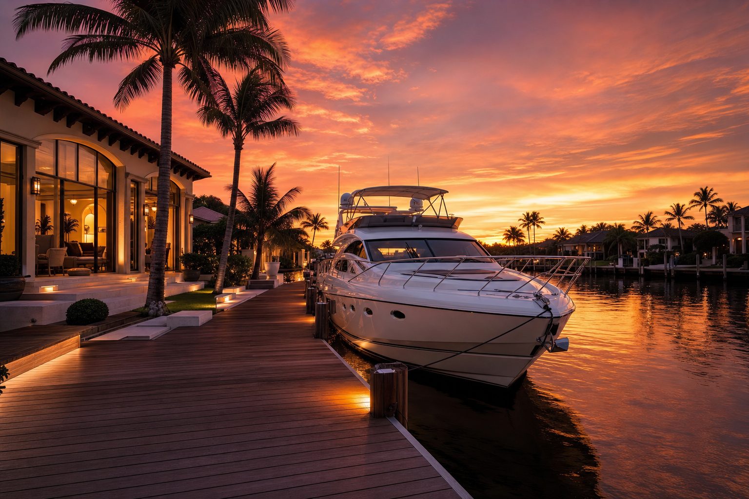 Private teak dock with a white sport yacht on a Broward canal at sunset