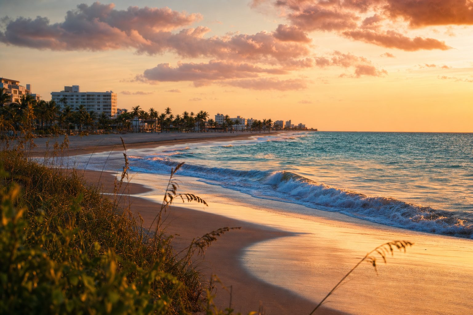 Golden hour surf on Fort Lauderdale beach with palms on the horizon