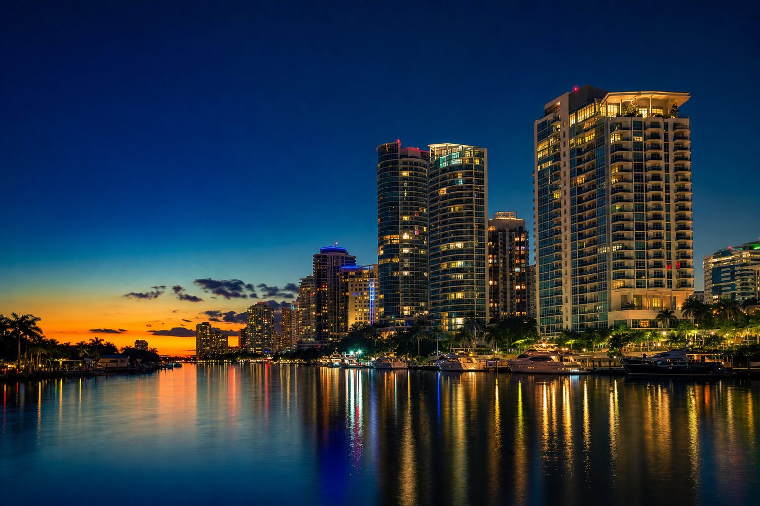 Fort Lauderdale downtown skyline at twilight reflecting on the New River with yachts docked