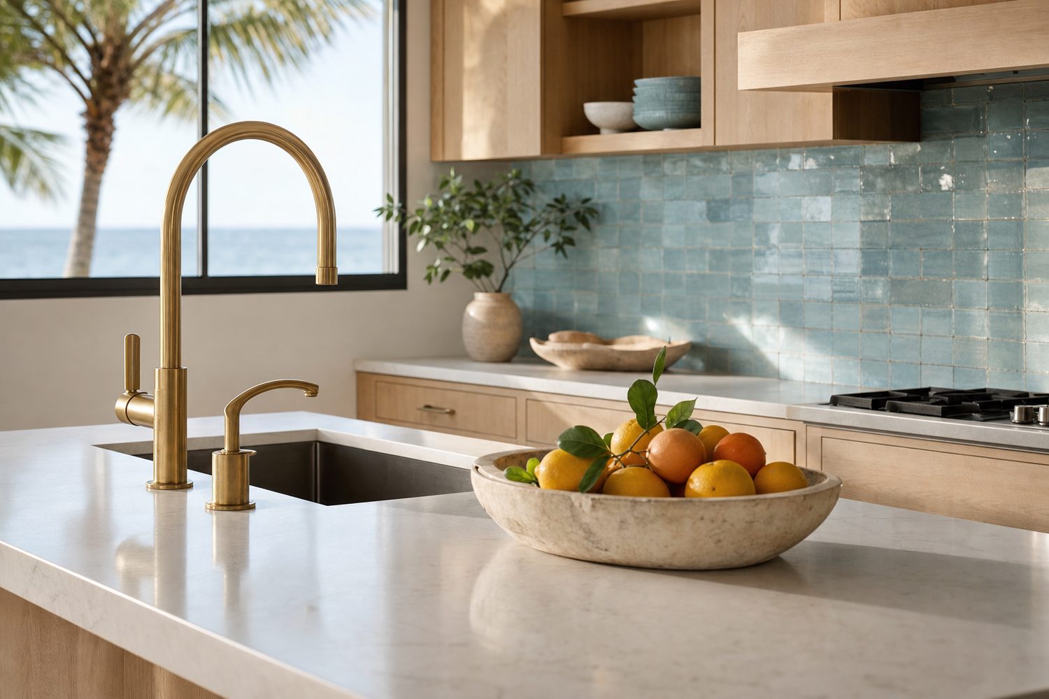 Luxury coastal kitchen with a white quartz waterfall island, brass fixtures and light oak cabinetry