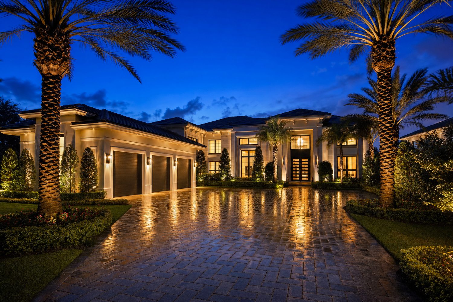 Twilight photograph of a contemporary Parkland estate with uplit palms and a wet paver driveway