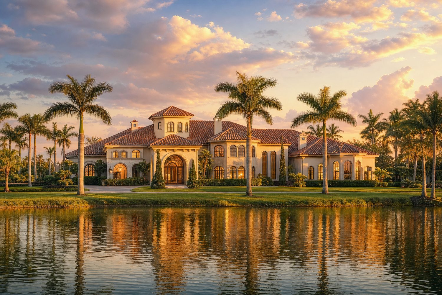 Golden hour photograph of a Mediterranean lakefront estate in Weston, Florida