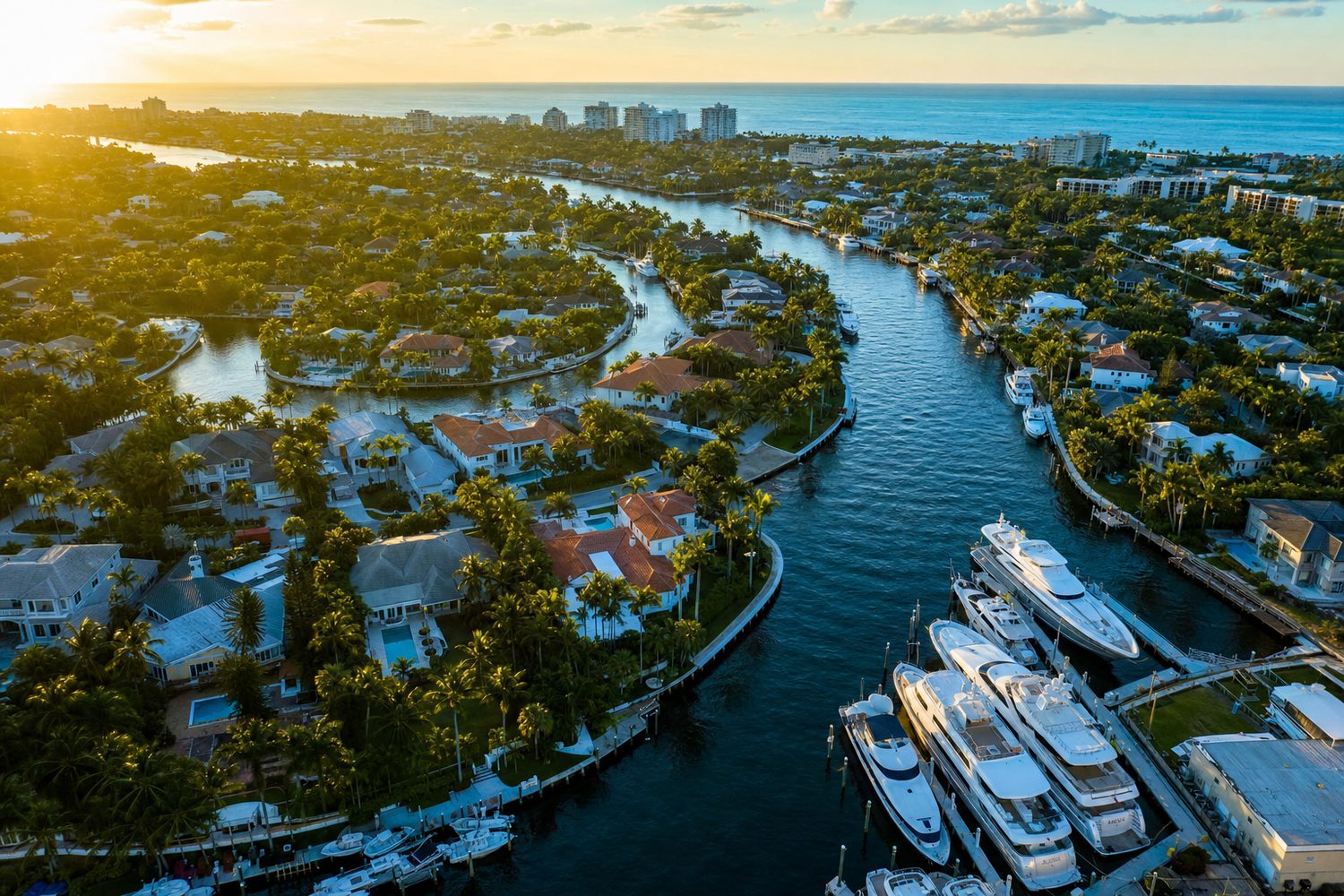 Golden hour aerial view of a Broward County canal community with docks, boats and a marina