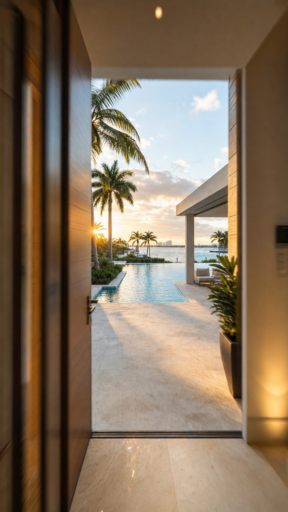 Vertical cinematic frame of a camera gliding through a Florida home toward a sunlit pool deck